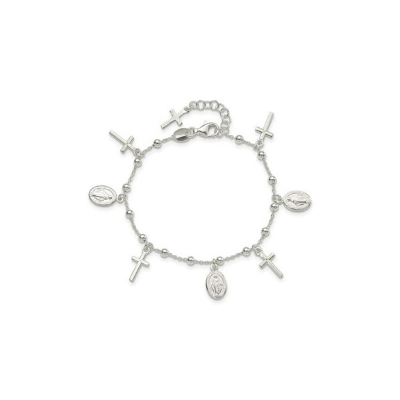 Sterling Silver Cross Miraculous Medal Charm Bracelet (6.25 inches) for Women