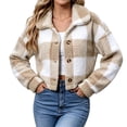 thumbnail image 2 of Dzrciro Fleece Jacket for Women, Plaid Long Sleeve Lapel Button Front Cropped Sherpa Coat, Winter Warm Outerwear S‑2XL, 2 of 8