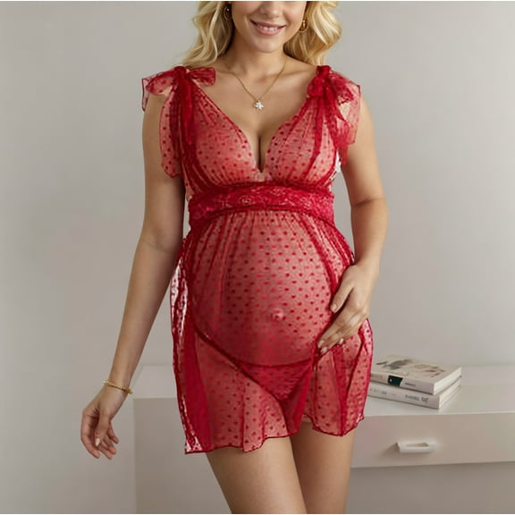 Maternity Suspender Sleep Dress For Pregnant Women Suspender Skirt Top Short Nightgown Red L