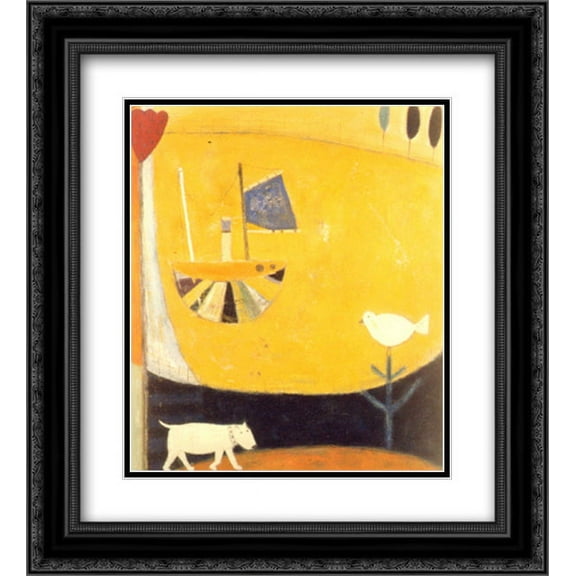 Boat on a Yellow Sea 2x Matted 20x24 Black Ornate Framed Art Print by Annora Spence