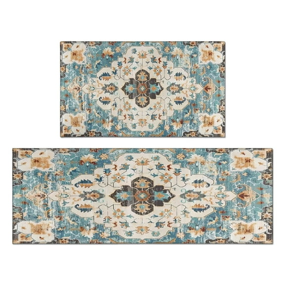 Boho Vintage Blue Carpet Kitchen Rugs and Mats Sets Of 2, Funny Kitchen Decoration Rubber Backing Non-Slip Absorbent Mats for Sink Waterproof Runner Rug for Laundry Room 17x30 17x48inch