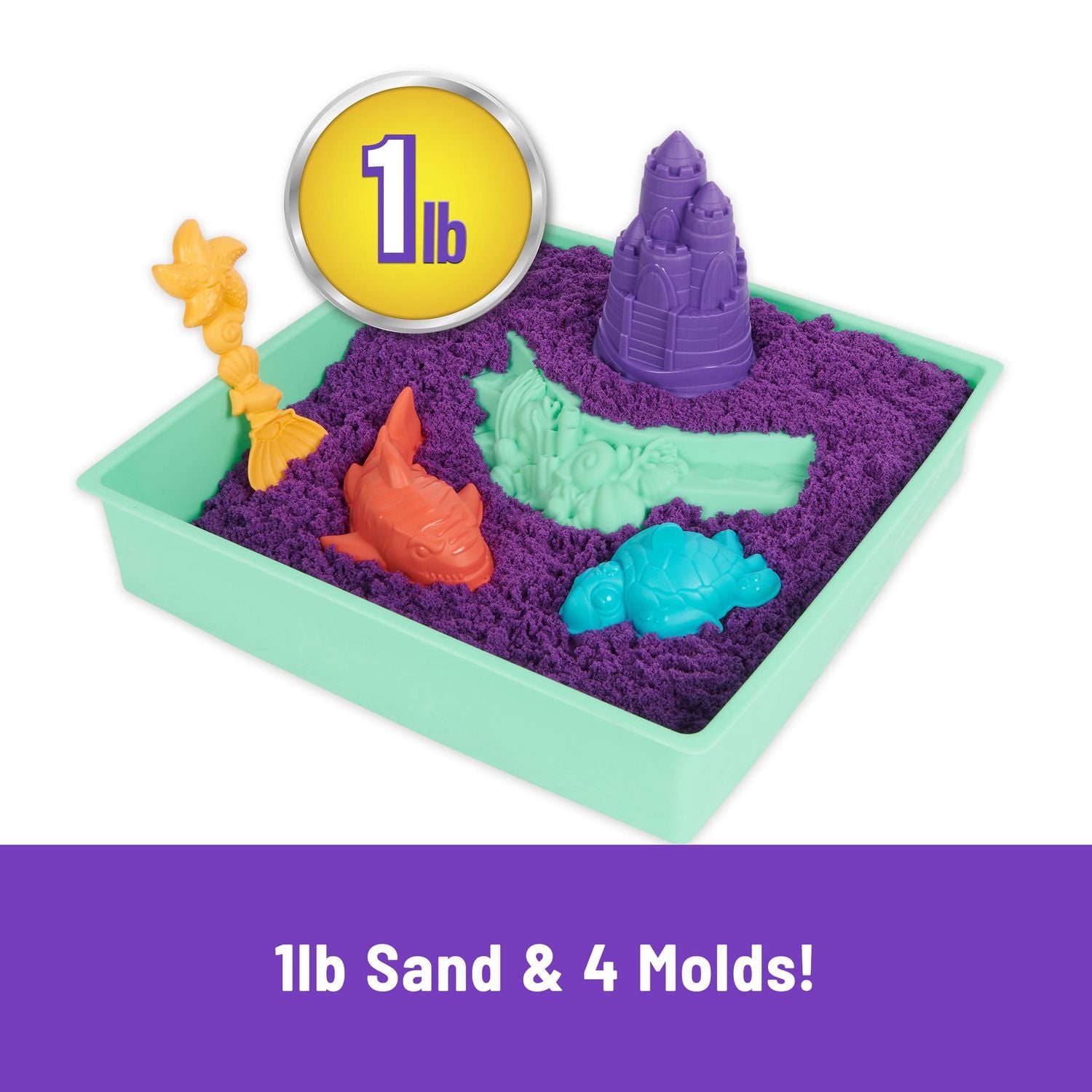 Kinetic Sand Sandbox Set, 1lb Purple Play Sand, Sandbox Storage, 4 Molds and Tools, Sensory Toys for Kids Ages 3+