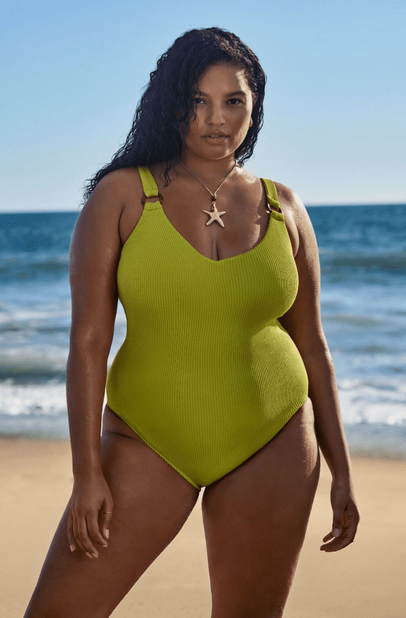 Time and Tru Women's and Women’s Plus Crinkle Plunge One-Piece Swimsuit, Sizes XS-3X