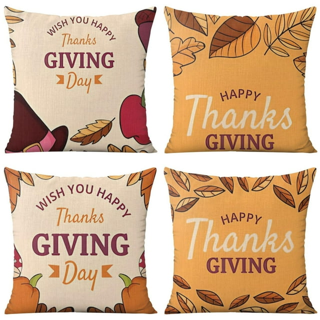 Happy Thanksgiving Day Maple Leaf Throw Pillow Covers Set Of 4, Linen Autumn Design Throw Pillow Covers Home Decor