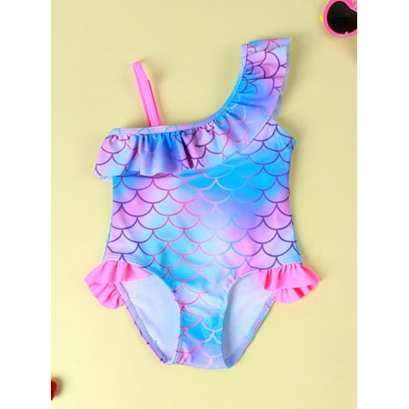 

2-9Y Kids Toddler Girls Mermaid Scales One-shoulder 1-piece Swimsuit Beach Sport Bathing Suits