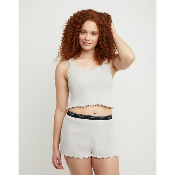 Hanes Originals Women's Rib Cropped Tank Top with Lettuce Edge Trim Light Steel XS