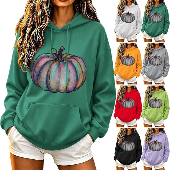 ThriftyPlait Halloween Graphic Hoodie for Women Casual Fall Pullover Sweatshirt with Front Pocket Long Sleeve Loose Fit Top for Holiday
