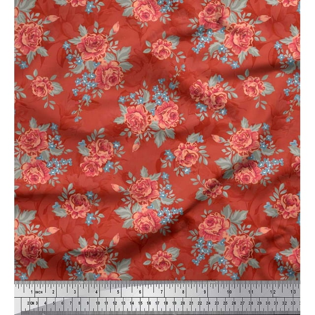 Soimoi Tissu Satin Soie Feuilles & Roses Imprimé Floral 1 Yard 42 Pouces de Large