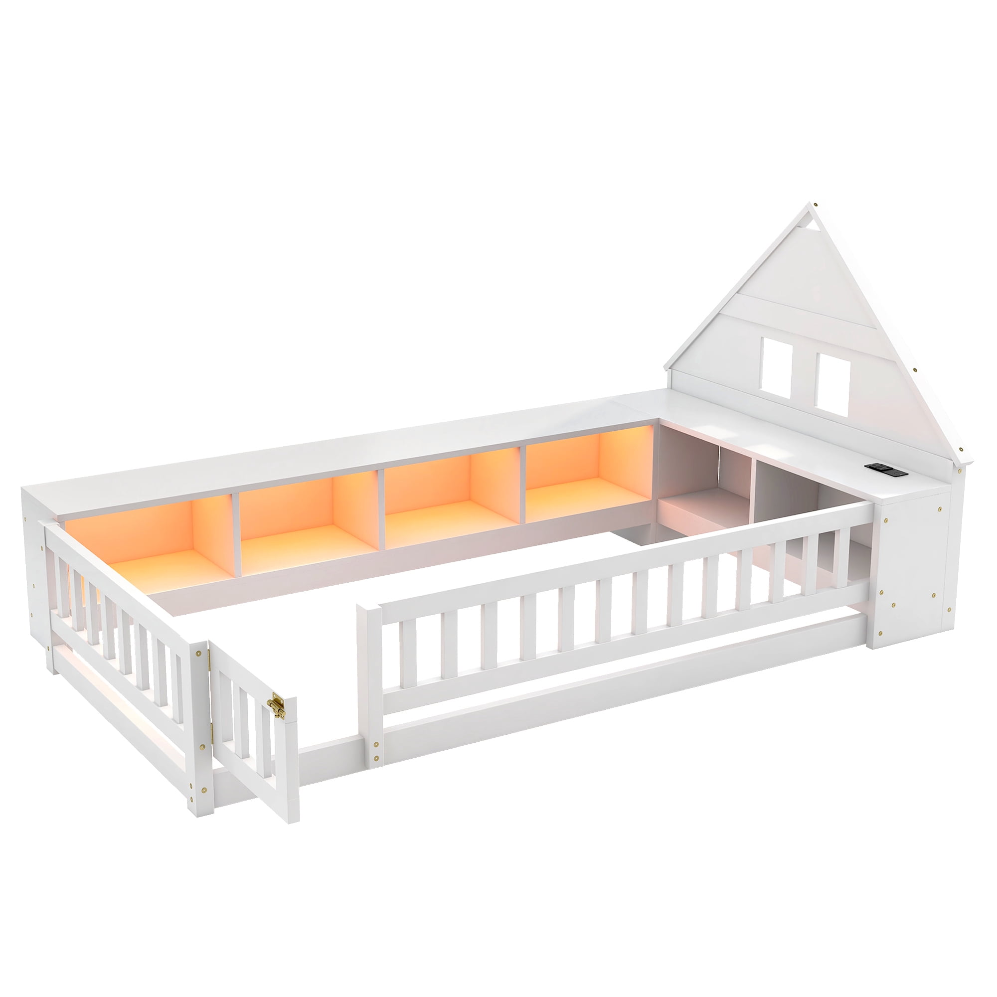 Euroco Wood Twin Size Floor Bed with Storage Shelves and Cabinets, Platform Bed with Guardrails, LED Light and USB Charge, White