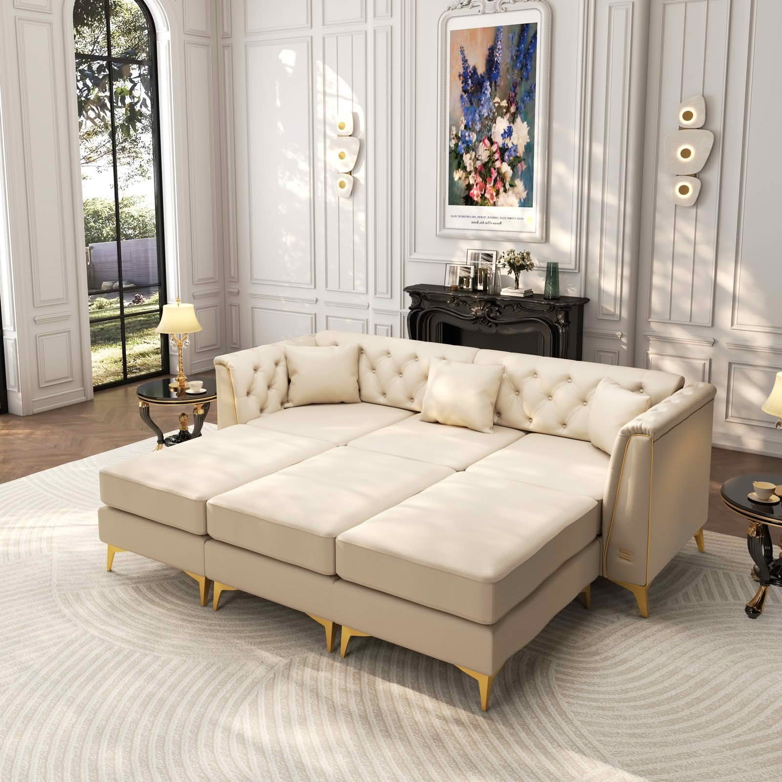 MAYEERTY 81.5" Light Luxury Modular Chesterfield 3‑Seater Sofa with 2 Ottomans, Faux‑Leather Couch, Button Tufting, Metal‑Trim Armrest & Slim Metal Legs, 3 Pillows Included