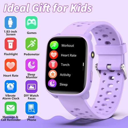 Smart Watch for Kids, 1.83" Fitness Tracker Watch Pedometer, Heart Rate, Sleep Monitor, IP68 Waterproof, Pedometer, Puzzle Games with/Without APP for Girls Boys Teens 6-16