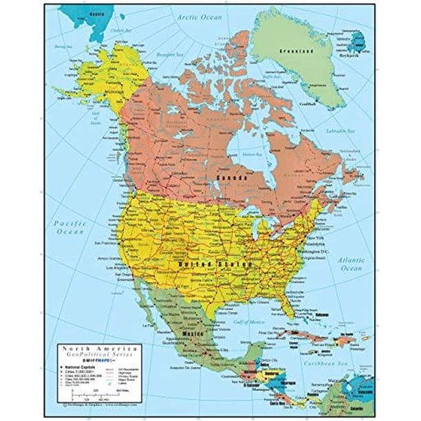 Swiftmaps North America Wall Map GeoPolitical Edition (18x22 Laminated
