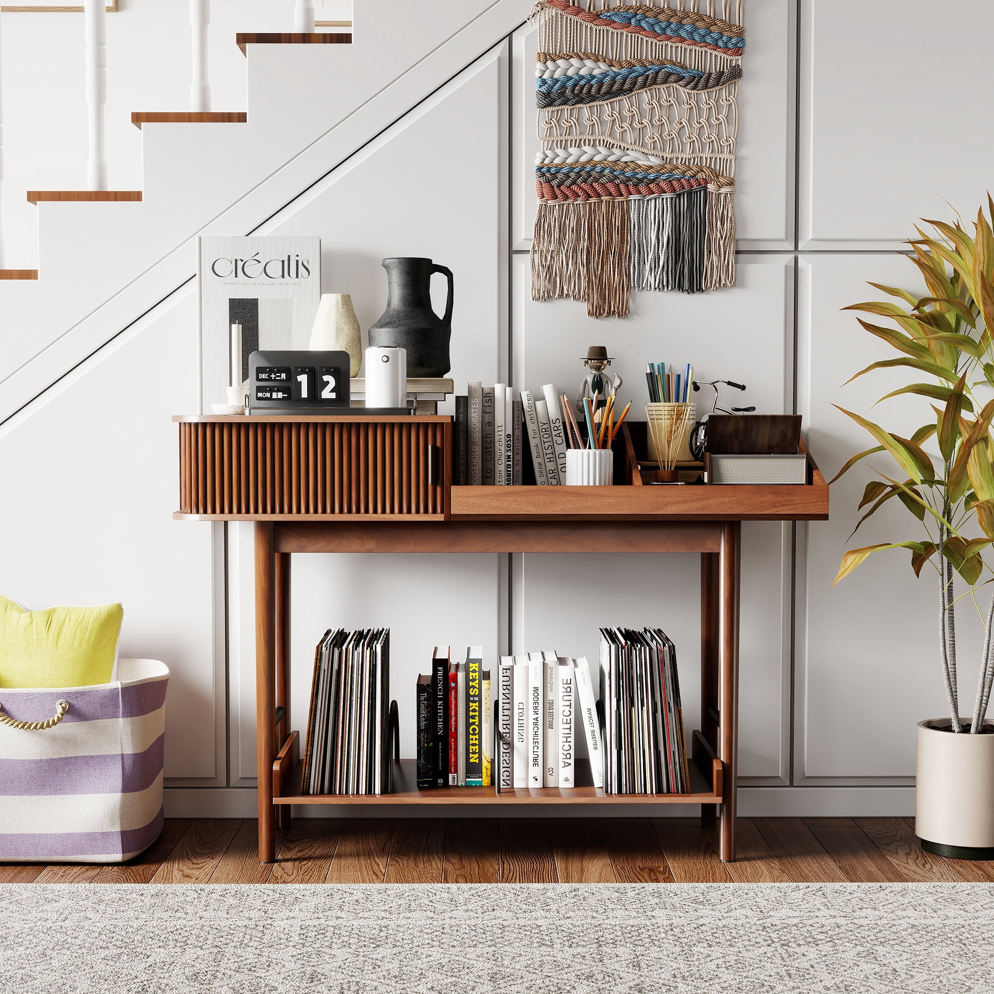 Console Table with Fluted Sliding Door, Mid Century Modern Entryway Table with Storage Shelf, Display Shelf for Hallway Living Room, Walnut