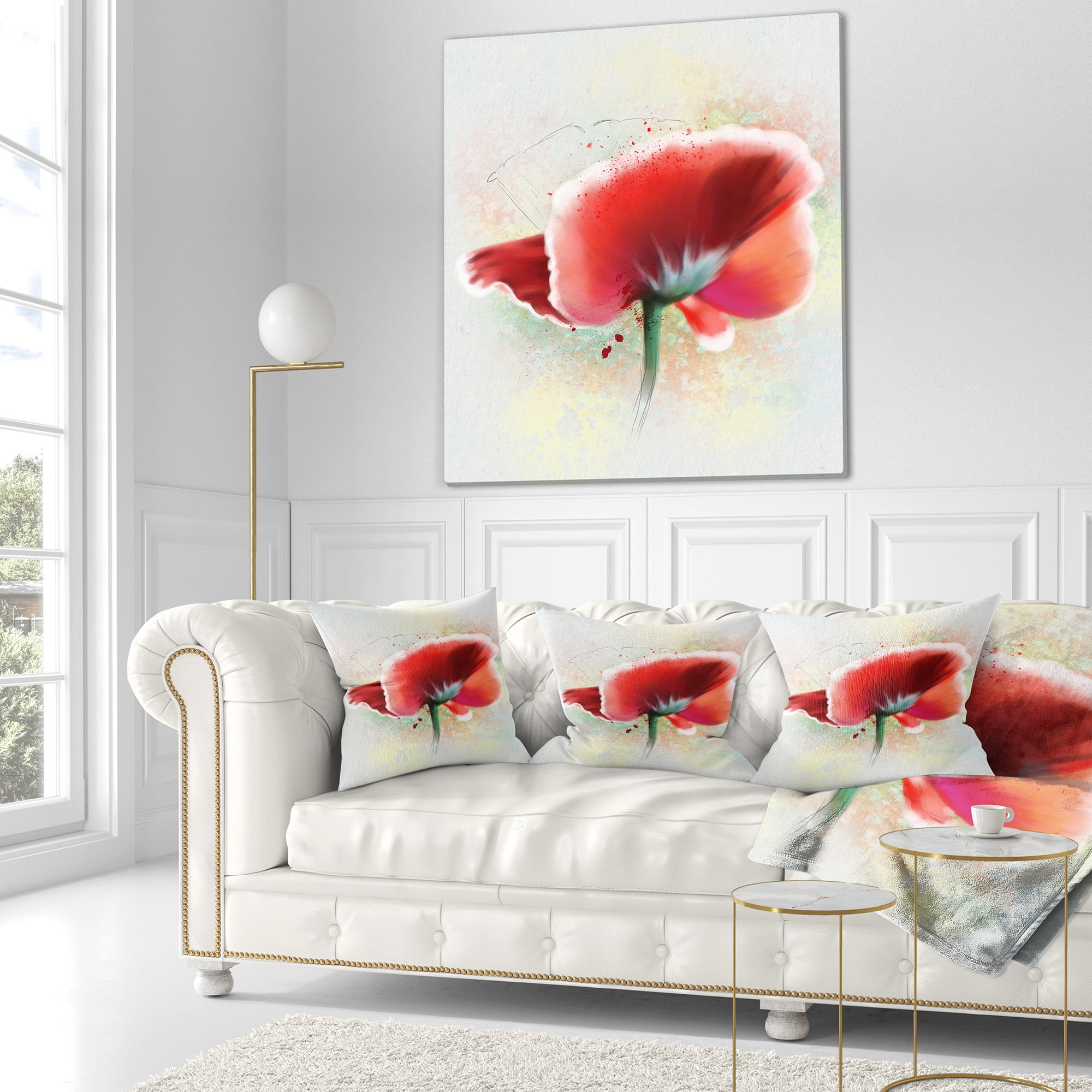 Designart Beautiful Red Watercolor Poppy - Flowers Throw Pillowwork - 18x18