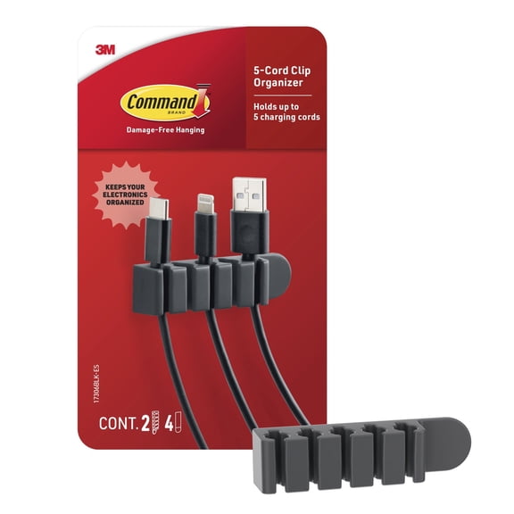 Command 5-Cord Clip Organizer, Black, 2 Clips, 4 Medium Strips, 2 Organizers