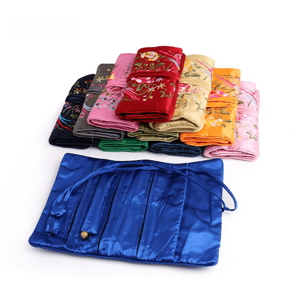 Bolsa de pergamino bordada, bolsa de joyería, rollo de joyería, bolsa de almacenamiento portátil con brocado de satén para anillos, colgantes y collares