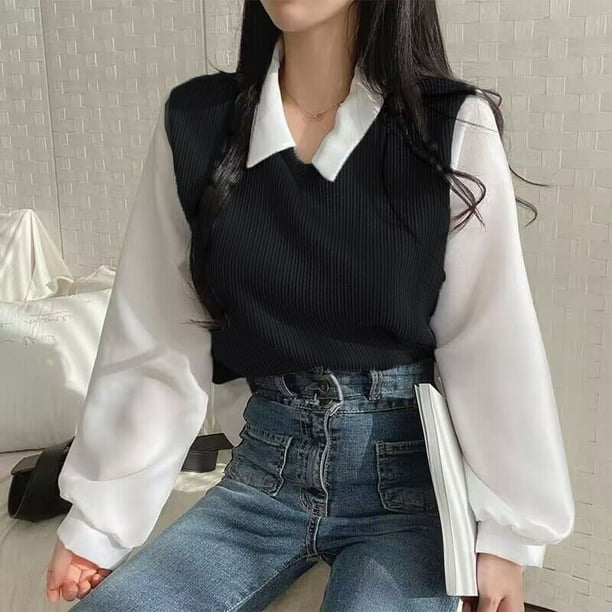 Blusa de dos piezas con cuello de Polo para mujer camisa coreana informal Tops Y2k ropa de calle suelta jerseis femeninos elegantes Primavera Walmart en linea