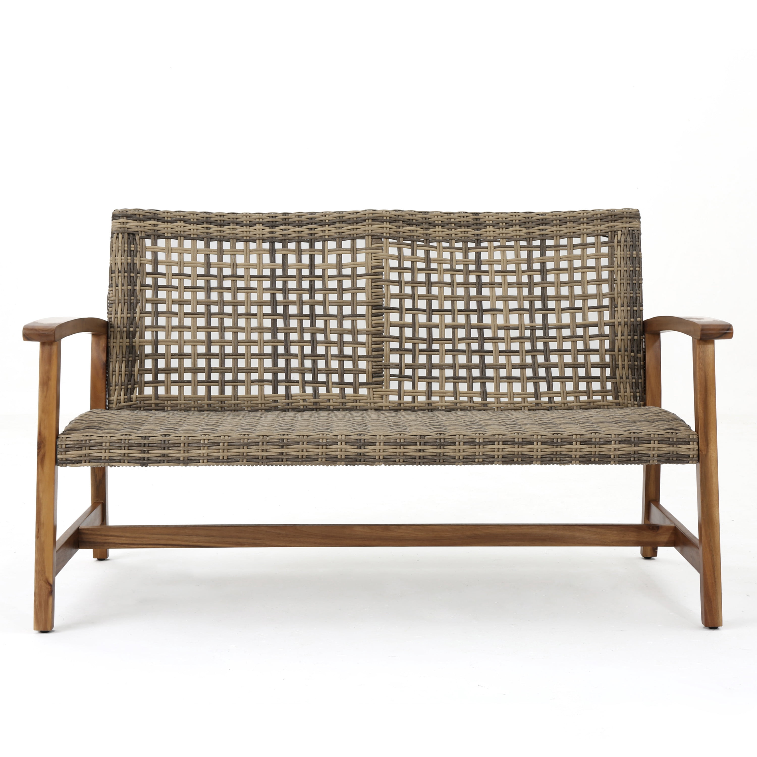 Outdoor Wicker Loveseat 52 Inch, Acacia Wood Patio Sofa with Iron Frame, Woven Seat Conversation Set for Backyard and Garden, Natural and Grey