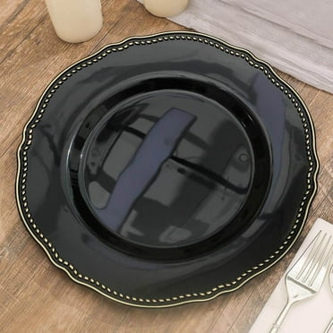 Efavormart 10 Pack | 10" Black / Gold Scalloped Rim Plastic Dinner Plates, Disposable Party Plates For Weddings Party Events
