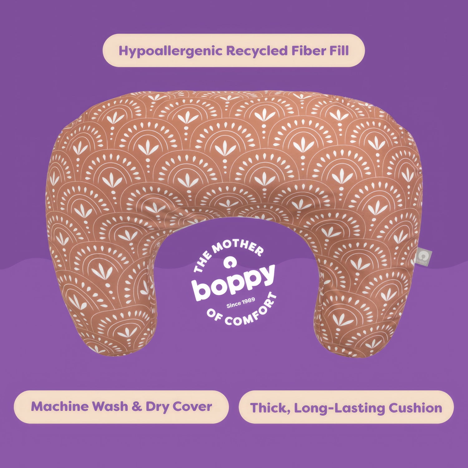 Boppy Nursing Pillow - Ergonomic Bottle & Breastfeeding Pillow with High, Firm, Large Area, Water-Repellant with Washable Cover;  Baby Safety Alliance Verified - Clay Boho Arches