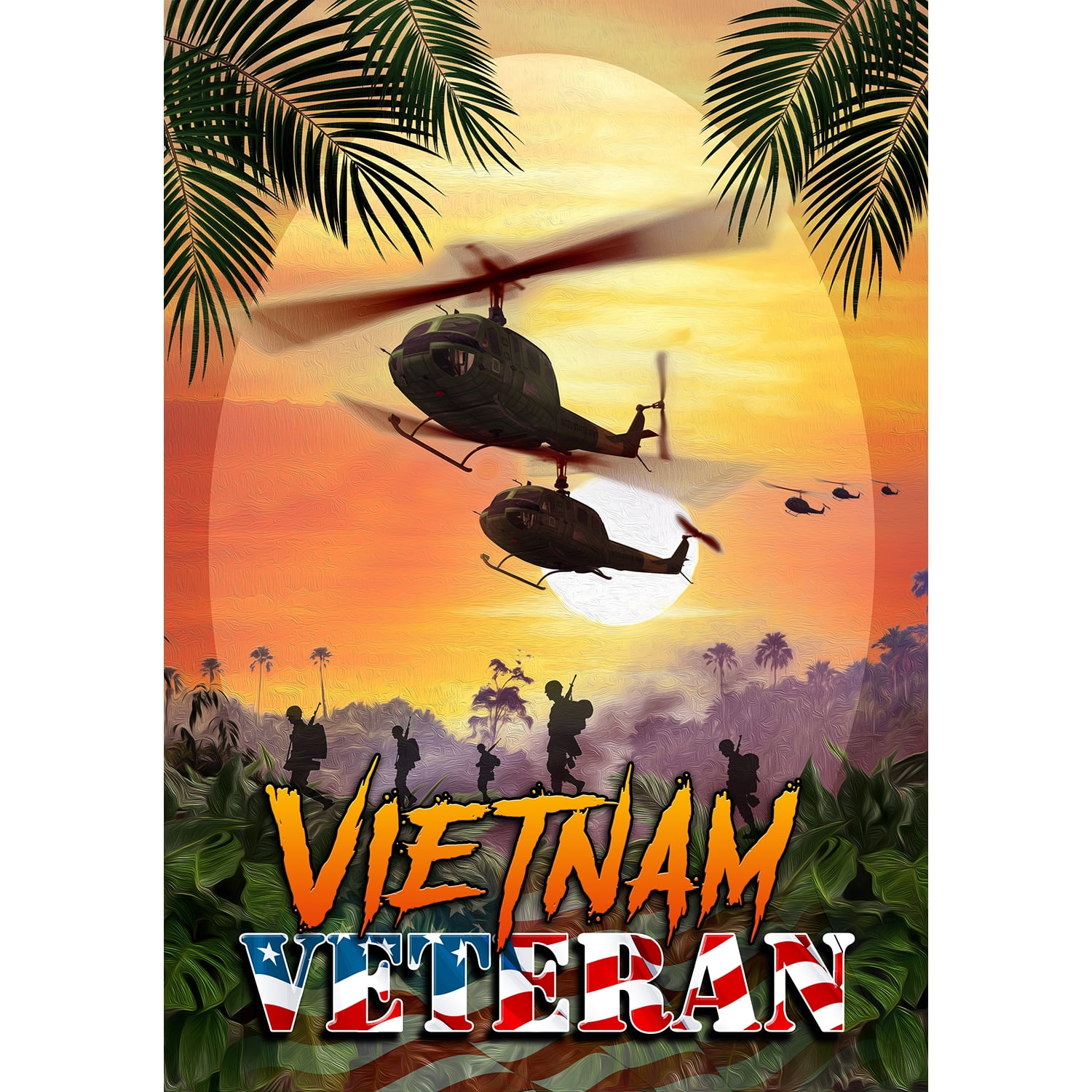 America Forever Vietnam Veteran House Flag 28 x 40 inch Double Sided Military Honor Helicopters Palm Trees Sunset Patriotic Outdoor Yard Decor
