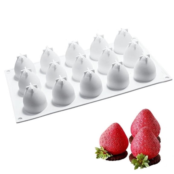 Hfppkn 15-Cavity Strawberry Shape Silicone Mousse Mold, Chocolate Truffle Cake Baking Pan, White