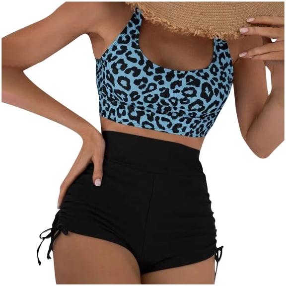 ZQUUVOU Women's Backless High Waist Bikini Set Two Piece Leopard Print Swimsuit Drawstring Boyshorts Vacation Blue