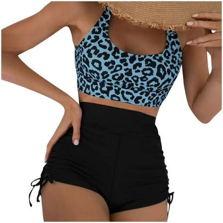 TMOYZQ High Waisted Bikini Sets for Women Strappy Back Bikini Crop Top with Drawstring Shorts Two Piece Swimsuits Tummy Control Bathing Suits Cheeky Swimwear