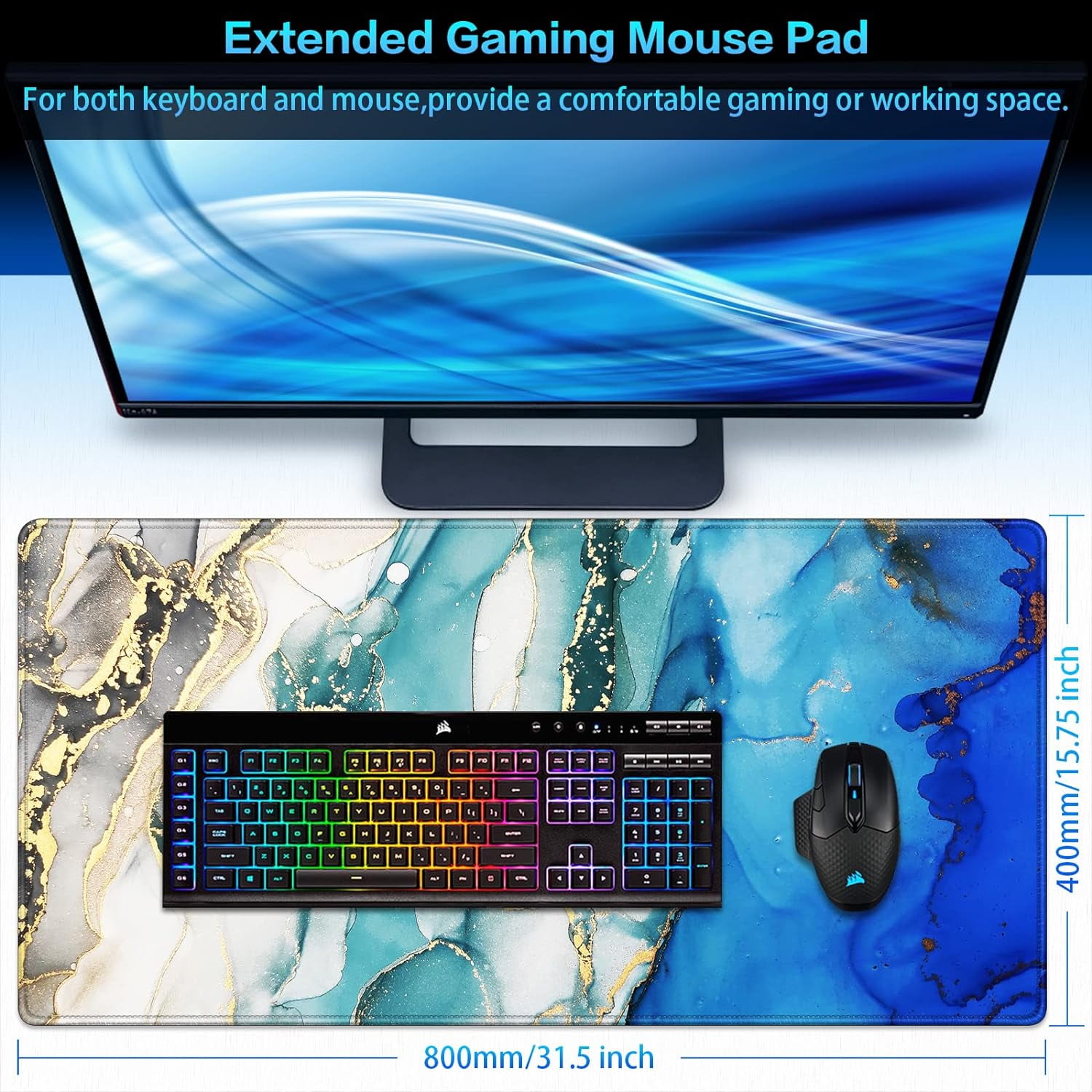 Gaming Mouse Pad, Extended Mouse Pad 31.5x15.7inch XXL Large Big Computer Keyboard Mouse Mat Desk Pad with Non-Slip Base and Stitched Edge for Home Office Gaming Work
