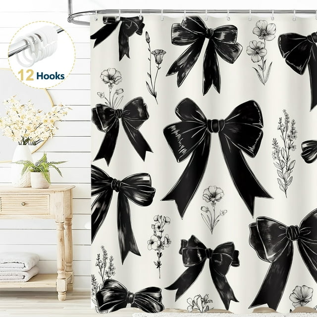 Dznils Cortina de Ducha con Lazo Negro y Ganchos, Cortina de Baño de Tela Estética Moderna, 72" x 72"