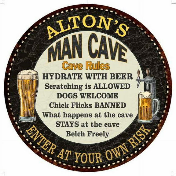 ALTON'S Man Cave Rules 14" Round Metal Sign Garage Wall Decor 100140010120