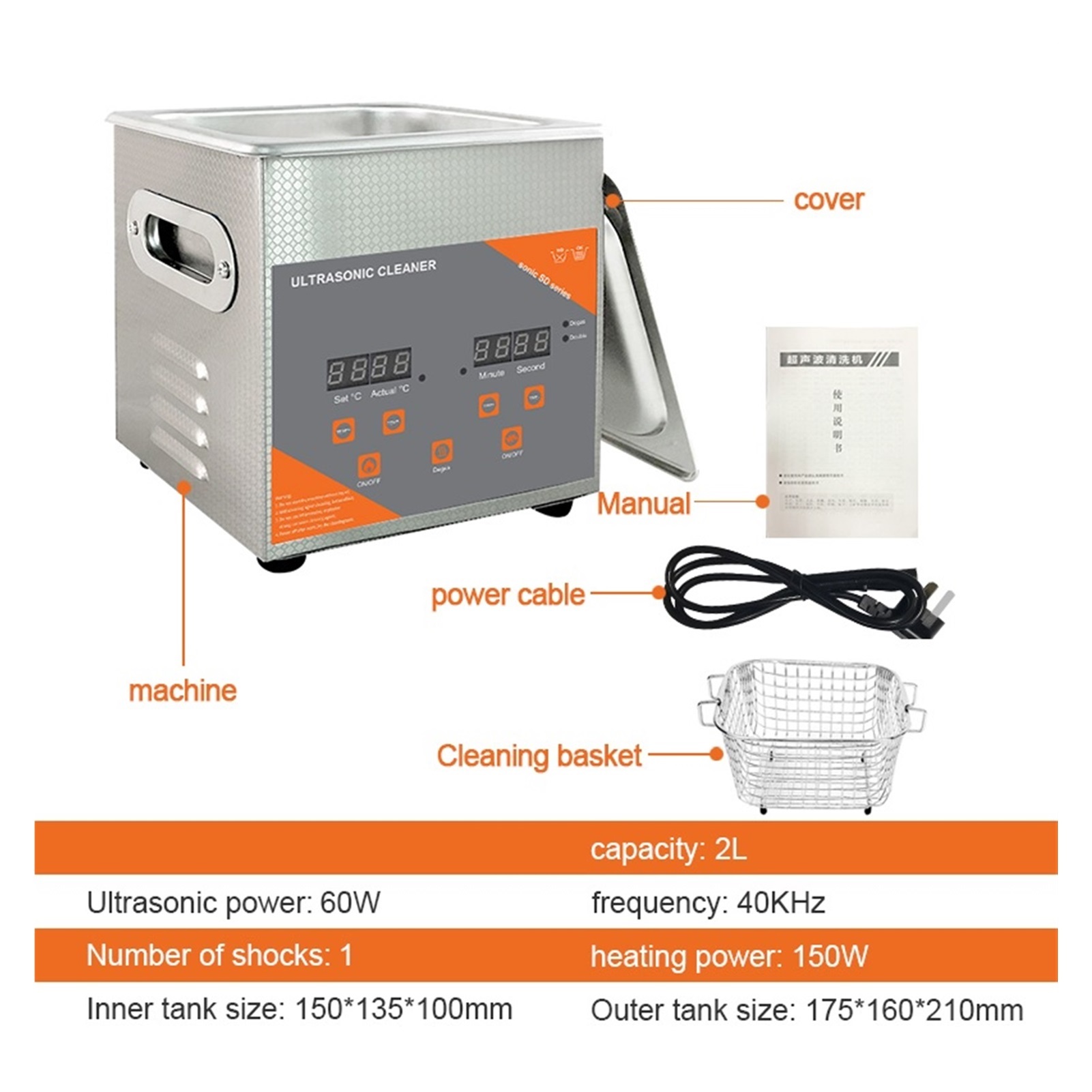 Portable Ultrasonic Cleaner 2L 60W Heater For Jewelry Glasses Dental Nozzle Toothbrush Injector Printer Cartridges ,Strong Cleaning