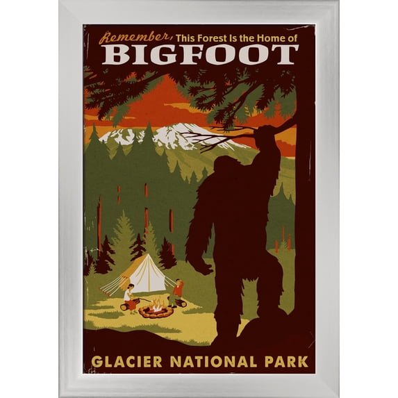 Glacier National Park, Montana - Home of Bigfoot - Lantern Press Artwork (12x18 Giclee Art Print, Gallery Framed, Silver Wood)