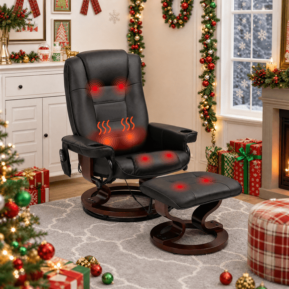 DELMANGO Swivel Massage Recliner with Ottoman, Adjustable Recline Wood Base Faux Leather Lounge Chair, Footrest Accent Chair for Living Room & Bedroom, Black