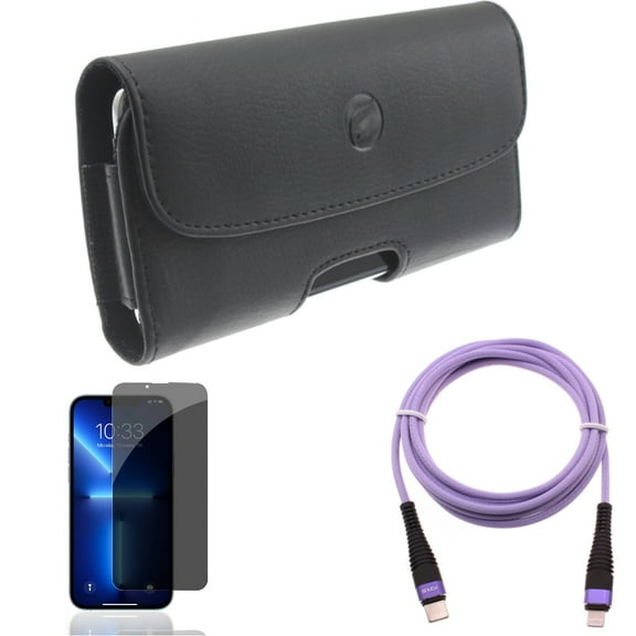 Purple 6ft PD Cable & Case Belt Clip & Privacy Screen Protector for iPhone 13/Pro - Combo with USB-C Long Cord Fast Charger & Leather Holster Cover & Tempered Glass Curved Anti-Spy