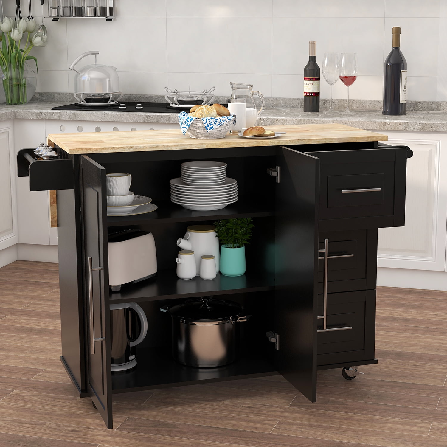 Rolling Kitchen Island on Wheels Ultility Cart with Drop Leaf and Rubber  Wood Countertop, Storage Drawer, Door Cabinet, Black