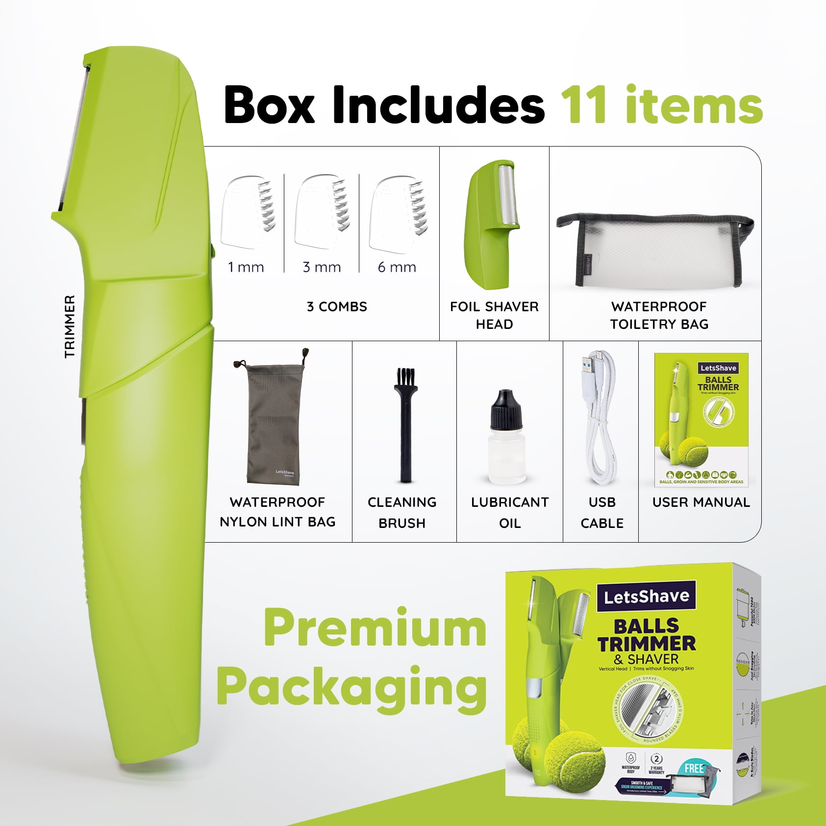 LetsShave Mens Pubic Hair Trimmer | Balls Shaver | V-Shaped Head | Ultra Thin Rounded Blade | Body Hair Trimmer and Shaver | Comes with Attachments | Waterproof | Anti Snagging