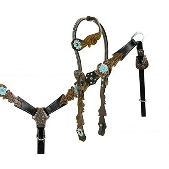 Showman One Ear Leather Headstall & Breast Collar w/ Teal Painted Flowers