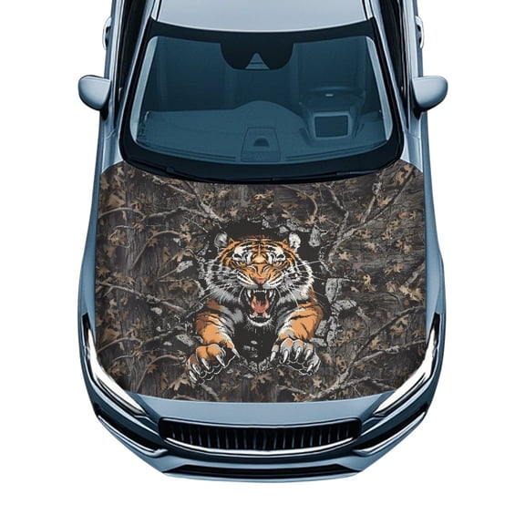 Pzuqiu Car Hood Cover showcasing Angry Tiger Camo Design - Waterproof All-Season Protection for Trucks SUVs Sedans