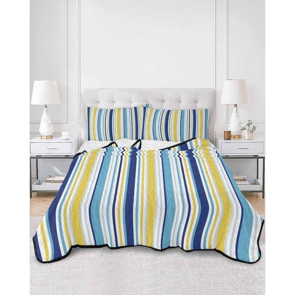 Quilts Queen Size, Blue Yellow Striped Soft Comforter Bedding Set for Bed, Farmhouse Navy Blue Ombre Stripes Lightweight Quilted Bedspread with Pillow Cover(2 Pieces) for All Season, 90x96 Inch