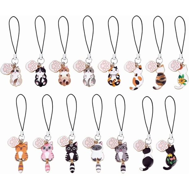 15 estilos de colgantes de gato para teléfono, bonitos colgantes de gato kawaii, de aleación esmaltada, para correa de teléfono celular.