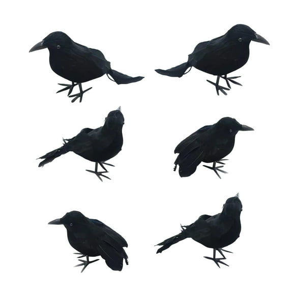 Halloween Crow Decorations 6 Pack, Artificial Black Feather Ravens for Outdoor Indoor Decor, Realistic Handmade Halloween Bird Props for Haunted House Party Scarecrow Display