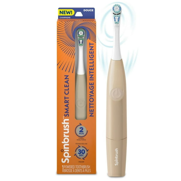 Spinbrush Smart Clean Battery Powered Electric Toothbrush for Adults with Dual Action Head, Pacer & Timer, Champagne, Soft Bristles
