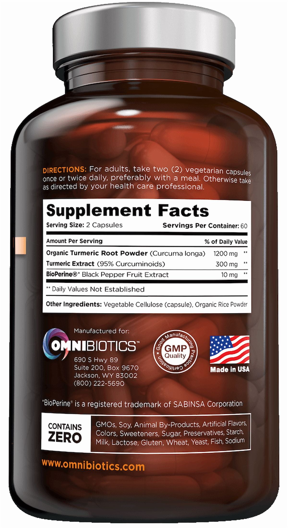 OmniBiotics Organic Turmeric Curcumin Supplement with Black Pepper Extract – 1500mg Turmeric with 95% Curcuminoids & BioPerine, High Absorption for Joint Support – 120 Vegan Capsules