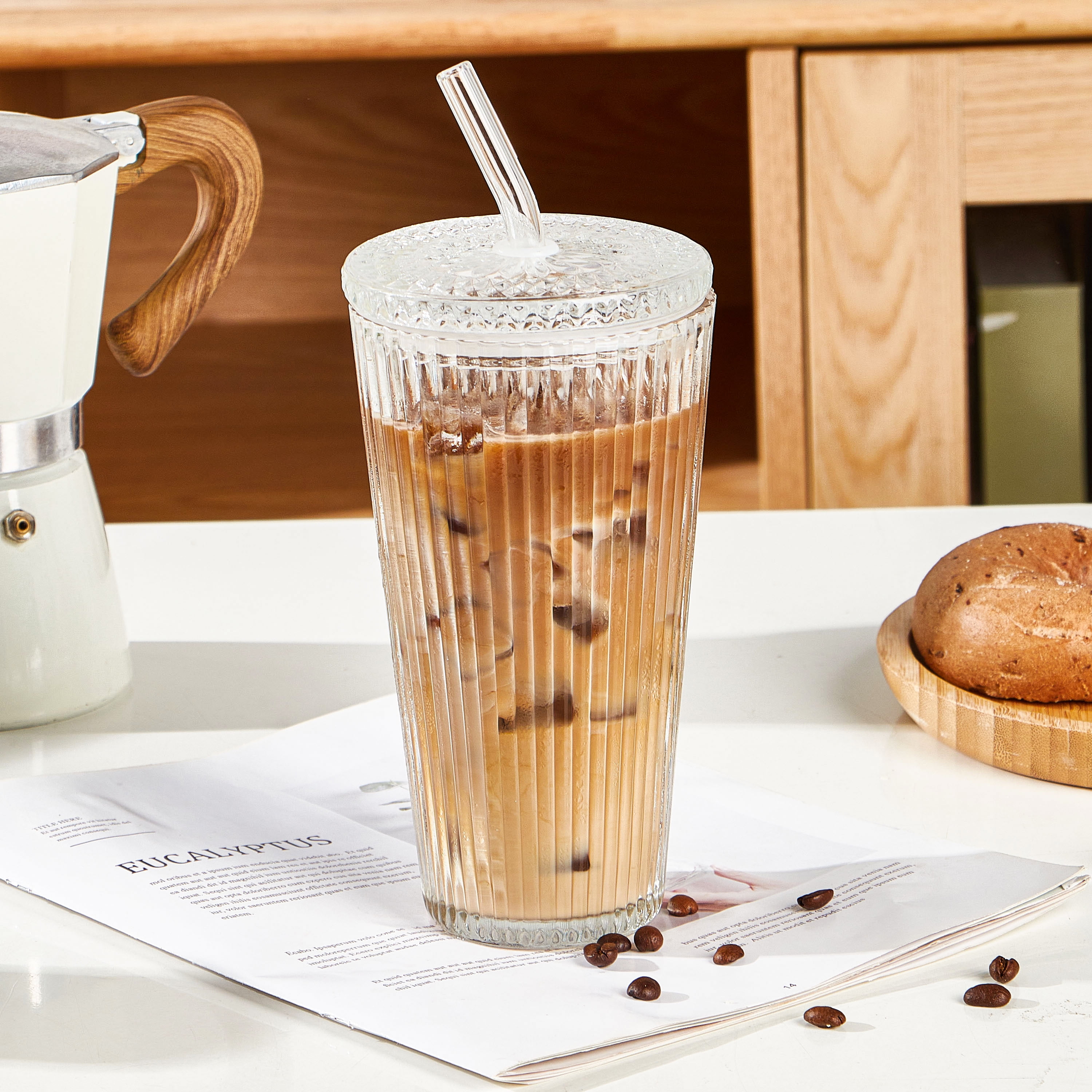 Better Homes & Gardens 21 oz Ribbed Glass Tumbler with Glass Lid and Straw