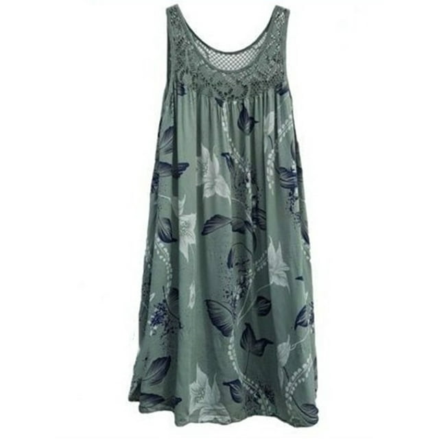 Innerwin Robes Dentelle Patchwork Dames Sundress Voyage Équipage Cou Ruché Réservoir Robe ArmyGreen 3XL