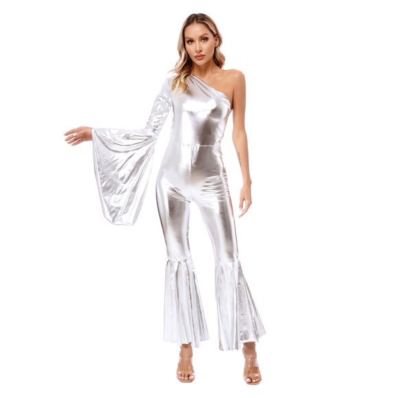 Kaerm Women 70s Disco Jumpsuit Adult Retro Hippie One Shoulder Flare Sleeve Wide Leg Romper Silver M