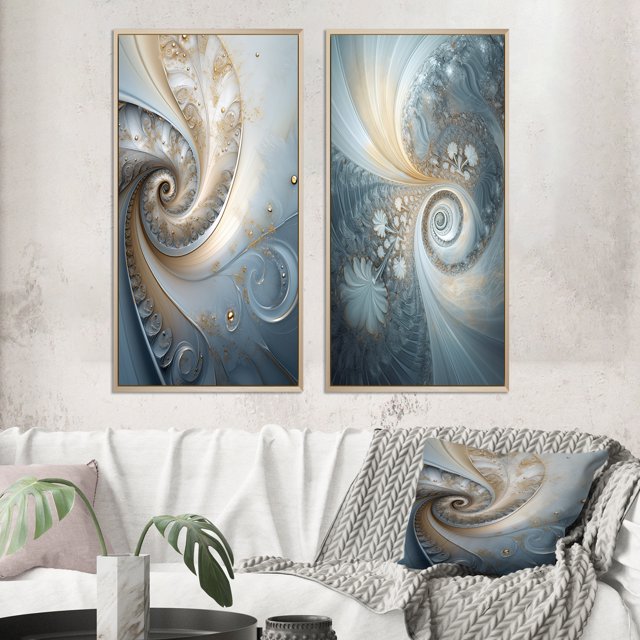 Designart "Fractal Spiral Cosmic Bliss II" Fractals Framed Wall Art Set Of 2 - Transitional Blue Frame Gallery Set For Office Decor