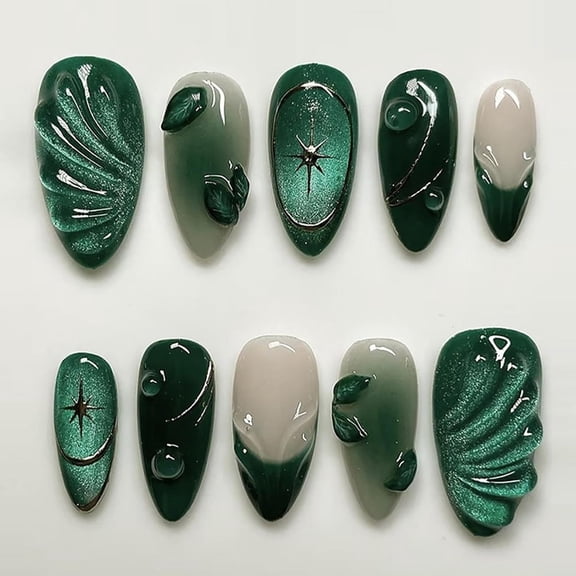 RAGUPEL French Press on Nails Medium Almond Acrylic False Nails Green Ombre White Fake Nails 3D Waves Fallen Leaves Cat’S Eye Pattern Full Cover Stick on Nails