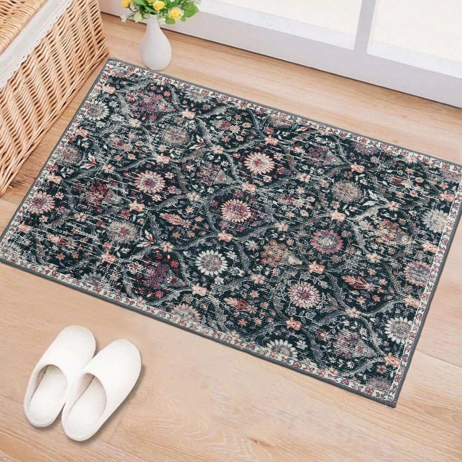 Moynesa 2'x3' Moroccan Trellis Area Rug, 2x3ft Entry Rug Non-Slip Washable Indoor Door Mat, Small Oriental Accent Throw Rug for Bedroom Kitchen Entryway Bathroom Black